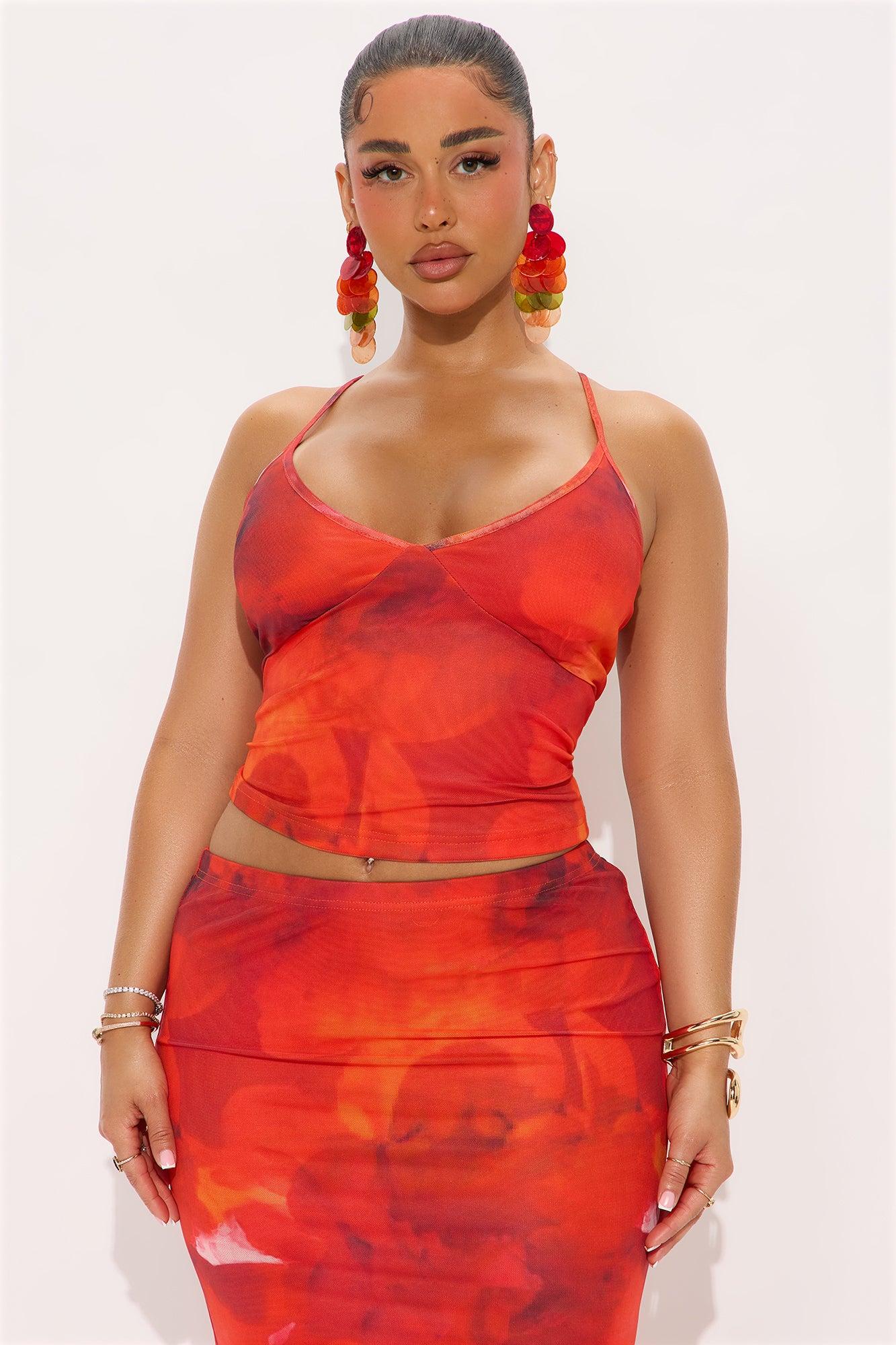 Coastal Mesh Cami Top and Maxi Skirt Set - Red/combo Female Product Image