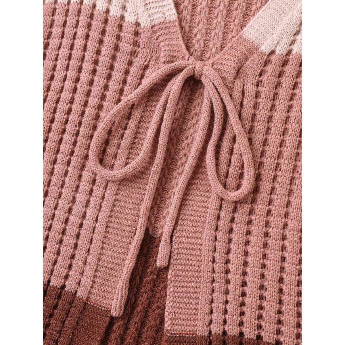 Plus Size Arc Hem Color Block Tie Front Cardigan Rust Women Casual Loose Sleeveless Everyday Cardigans BloomChic 14-16/1X Product Image