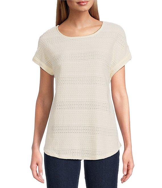 Ruby Rd. Crochet Knit Boat Neck Short Button Tab Sleeve Top Product Image