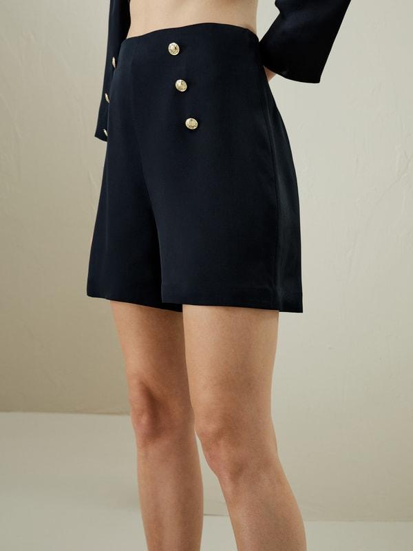 LILYSILK Women's High Waisted 30 Momme Silk Shorts Gold Button Accent Natural White 0 Product Image