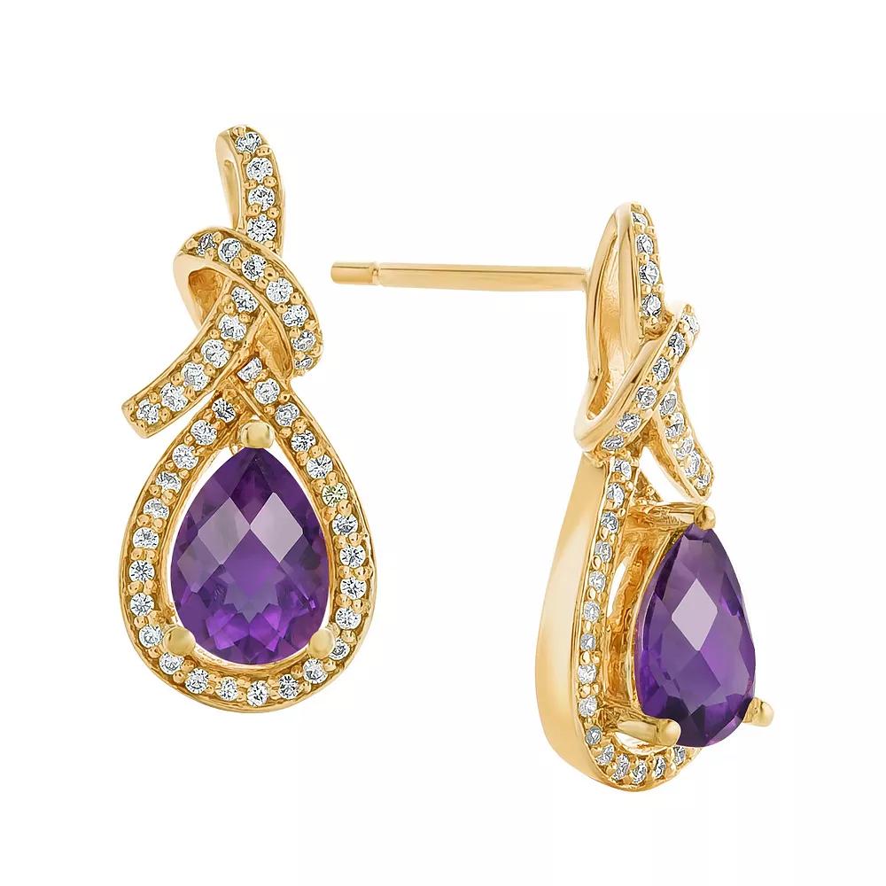 14k Gold Over Silver Amethyst & Lab-Created White Sapphire Teardrop Earrings, Womens, Gold Tone Product Image