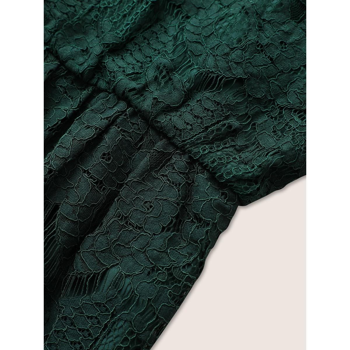 Plus Size DarkGreen Solid Lace Patchwork Elastic Waist Blouse Women Elegant Long Sleeve V-neck Party Blouses BloomChic 18-20/2X Product Image