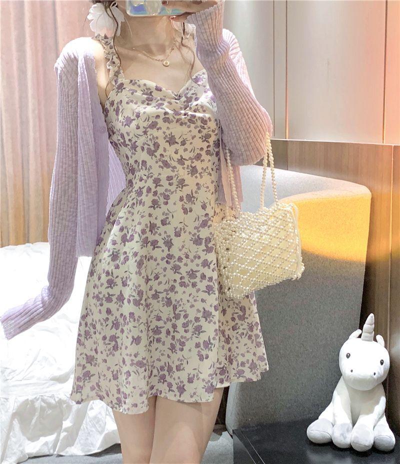 Spaghetti Strap Floral Print Mini A-Line Dress / Cardigan Product Image