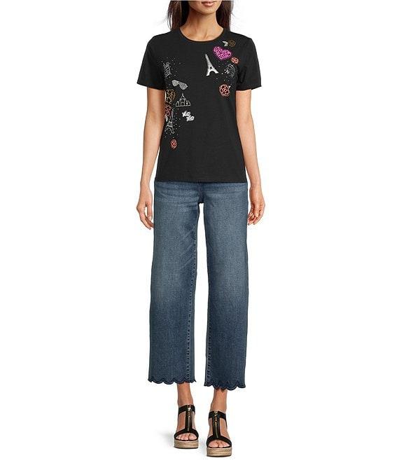 KARL LAGERFELD PARIS Knit Jersey Embellished Crew Neck Short Sleeve Tee Product Image