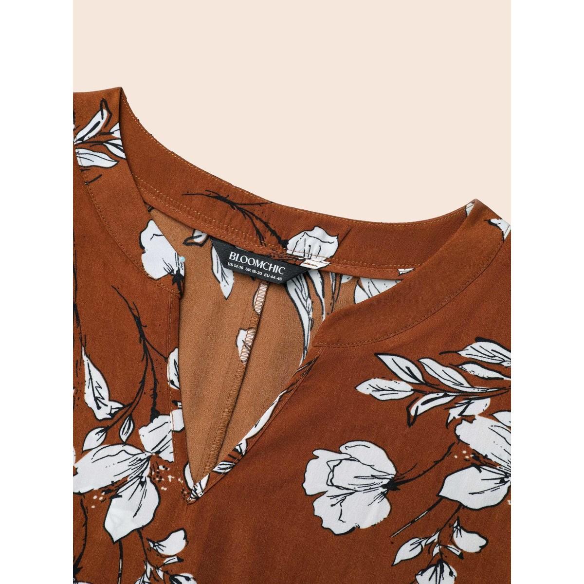 Plus Size Browncoffeecolor Floral Print Notched Collar Hi-Low Hem Blouse Women Elegant Half Sleeve Flat collar with V-notch Everyday Blouses BloomChic 14-16/1X Product Image