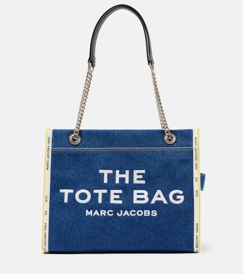 MARC JACOBS The Medium Tote In Blue Denim With Embroidered Logo In Dark Wash Product Image
