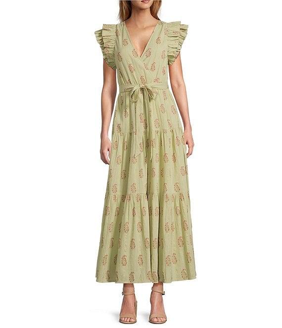 A Loves A Floral Metallic Striped Print Surplice V-Neck Short Ruffled Sleeve Tiered Maxi Dress Product Image