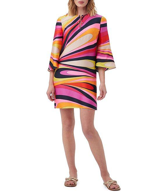 Trina Turk Nallia Satin Georgette Wynwood Waves Abstract Print Wide 3/4 Sleeve Shift Dress Product Image