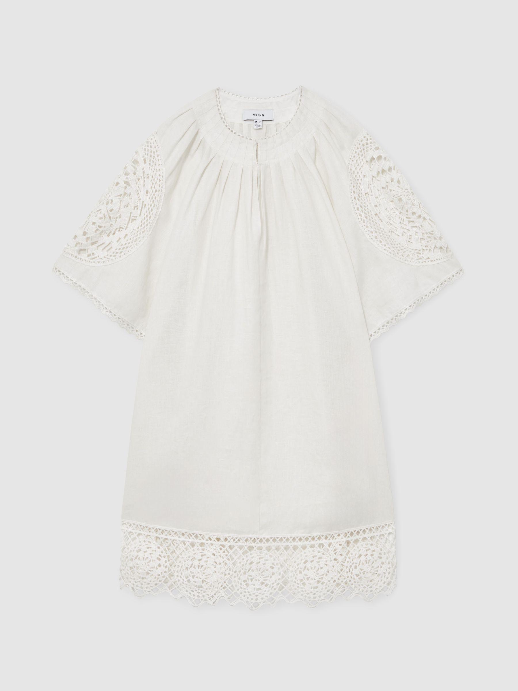Linen Embroidered Shift Dress in Ivory Product Image