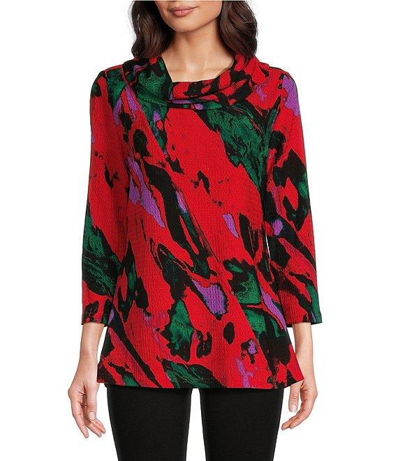 Calessa Textured Printed Cowl Neck 3/4 Sleeve Tunic Product Image