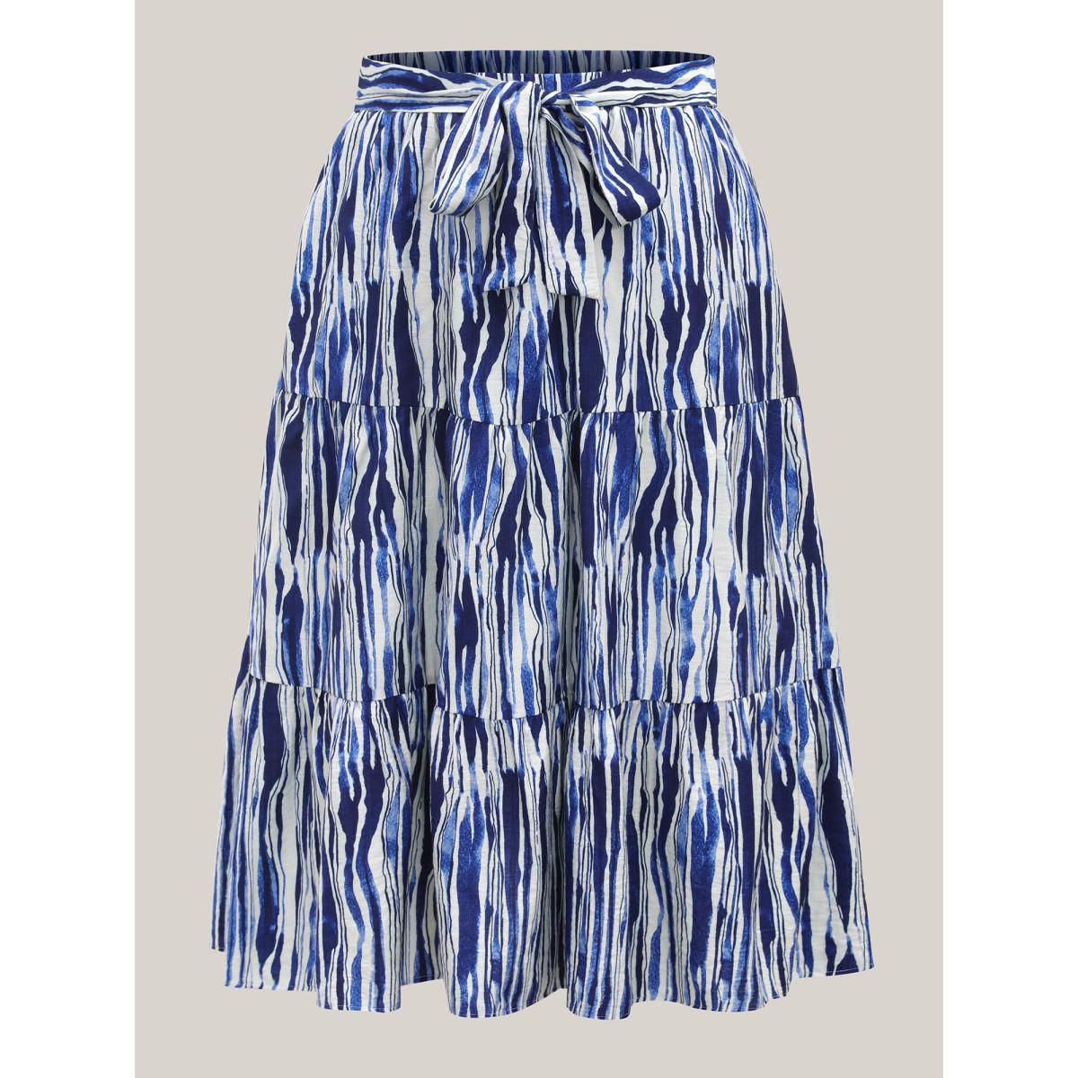Plus Size Nautical Stripes Belted Tiered Maxi Skirt Women Navy Loose No stretch Side seam pocket Belt Vacation Skirts BloomChic 30/6X Product Image
