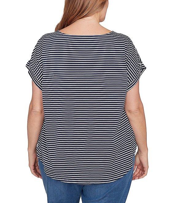 Ruby Rd. Plus Size Soft Jersey Knit Floral Stripe Boat Neck Short Cuff Sleeve Top Product Image