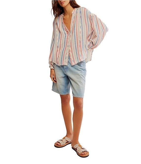 Free People We The Free Striped Valley Double Cloth Banded Collar Long Sleeve Shirt Product Image