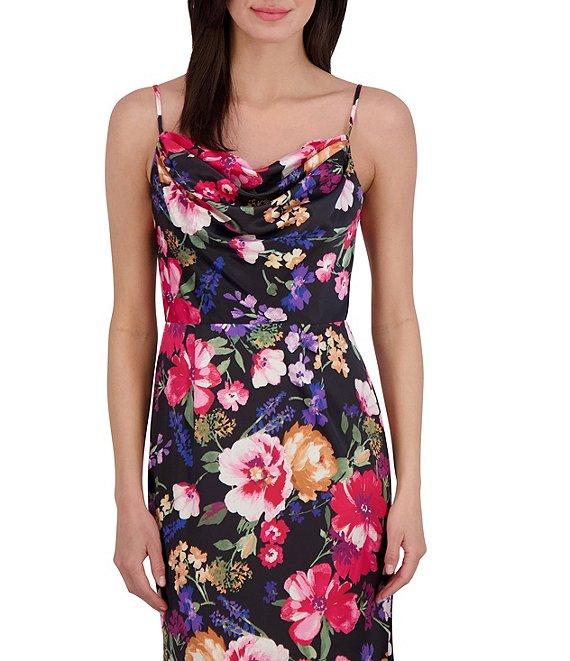 Vince Camuto Satin Floral Print Cowl Neck Sleeveless Gown Product Image