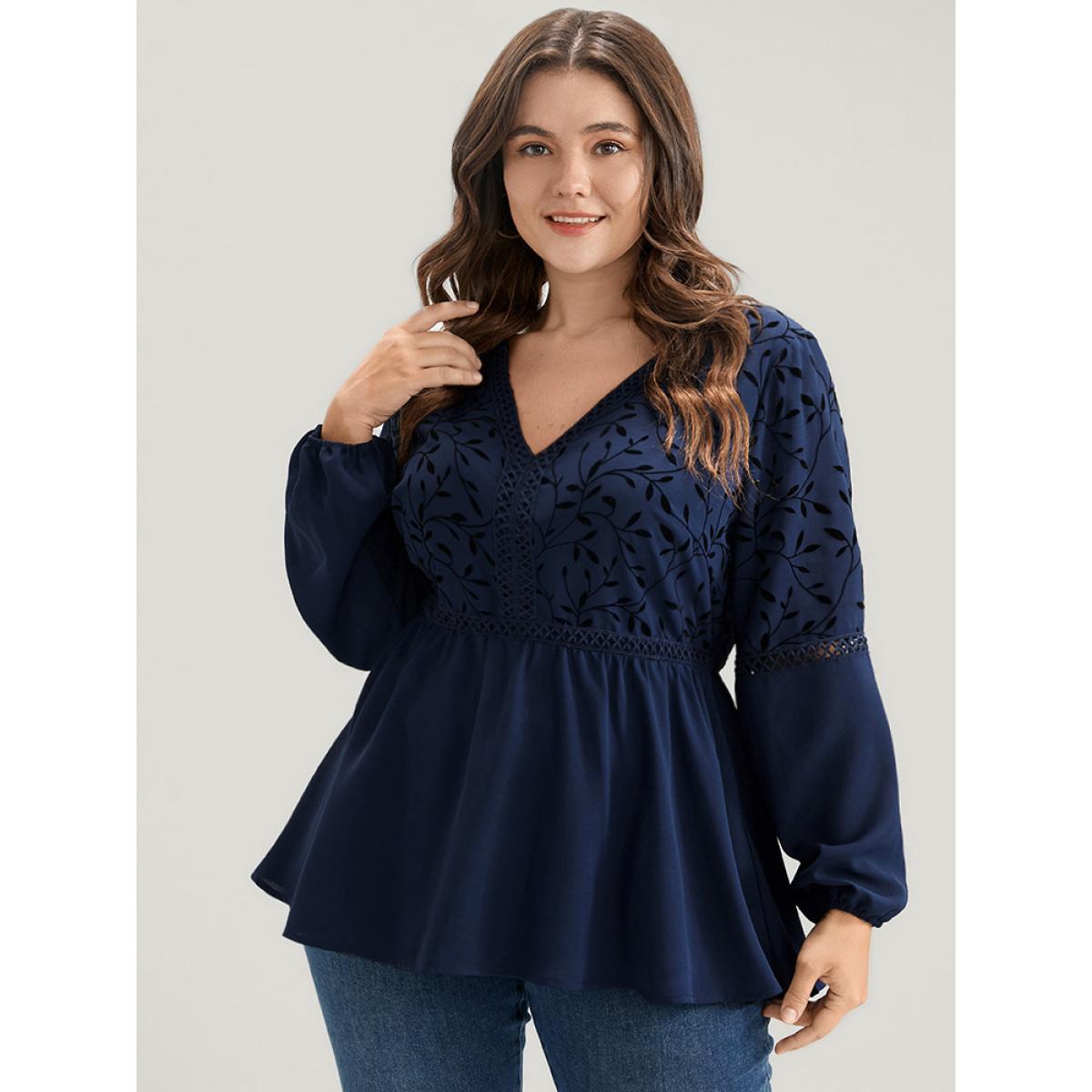 Plus Size DarkBlue Plants Lantern Sleeve Lace Insert Blouse Women Glamour Long Sleeve V-neck Going out Blouses BloomChic 10/M Product Image