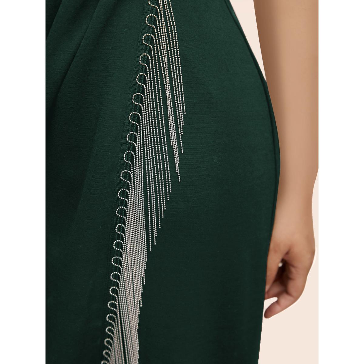 Plus Size Notched Collar Tassel Trim Cami Dress Cyan Women Cocktail Tassels Notched collar Sleeveless Curvy BloomChic 14-16/1X Product Image