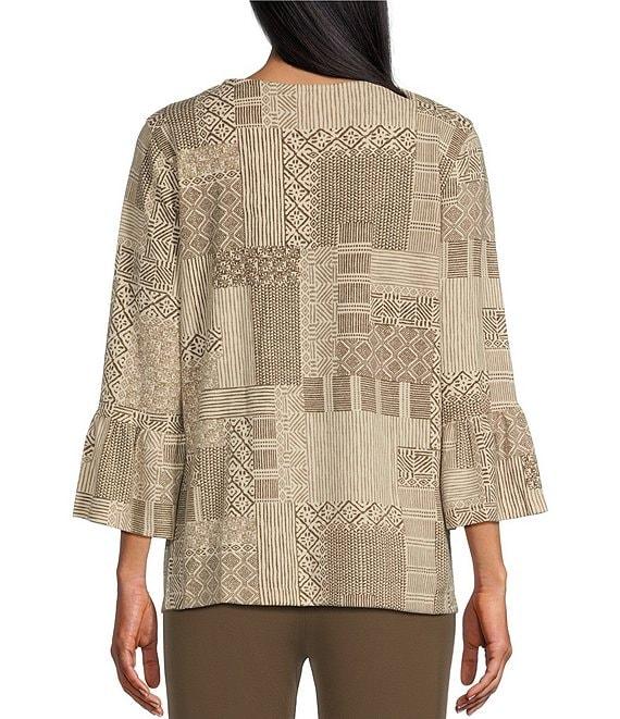 Multiples Printed V-Neck 3/4 Ruffle Sleeve Knit Top Product Image