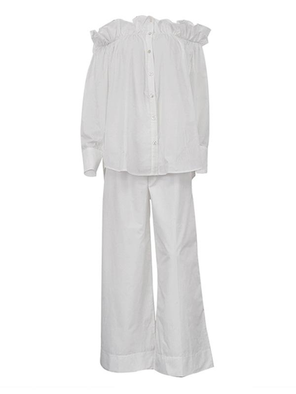 Loose Puff Sleeves Pleated Solid Color Off-The-Shoulder Blouse + Pants Trousers Elasticity Two Pieces Set Product Image