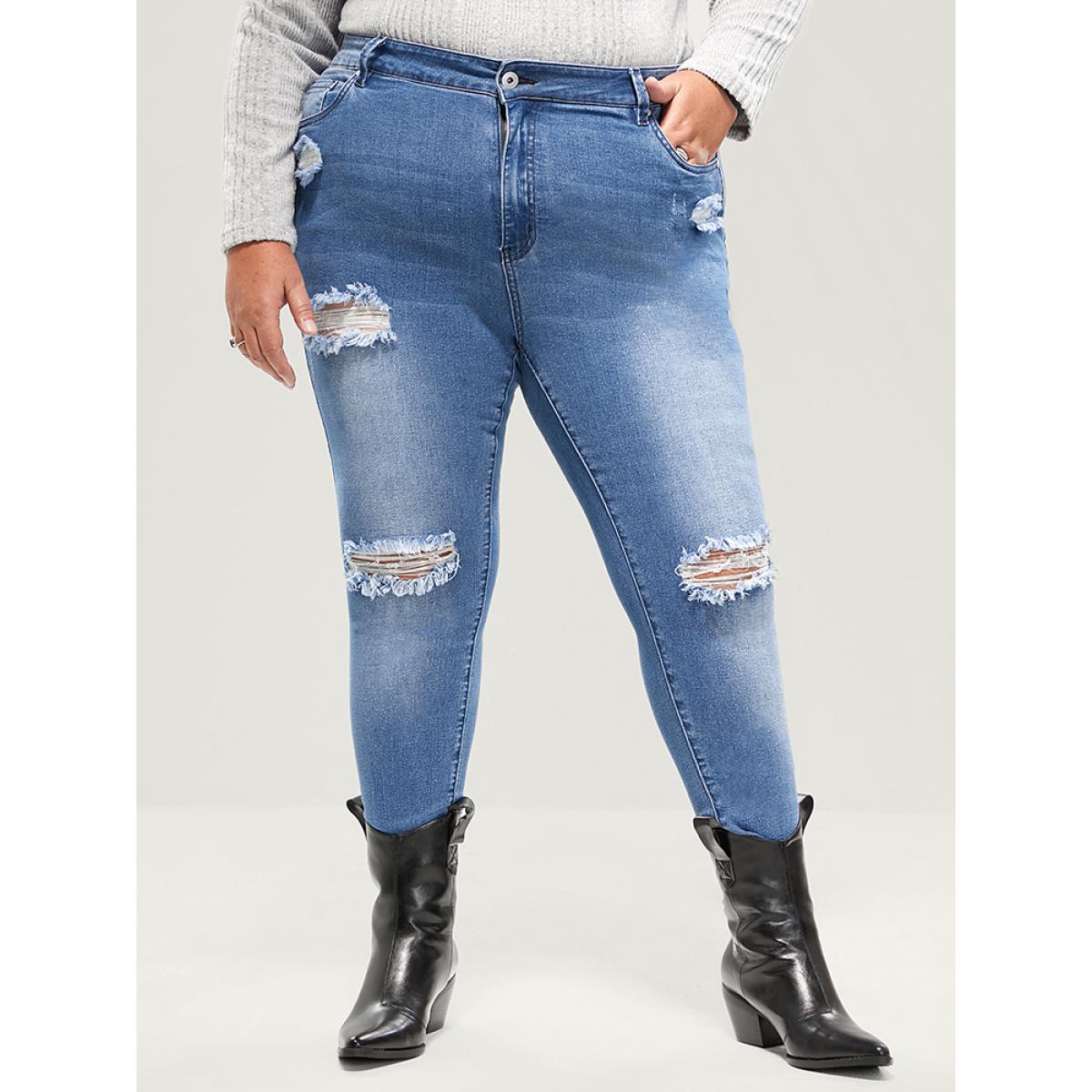 Plus Size Skinny Very Stretchy High Rise Asymmetrical Distressed Jeans Women Blue Casual Plain High stretch Pocket Jeans BloomChic 20/2X Product Image