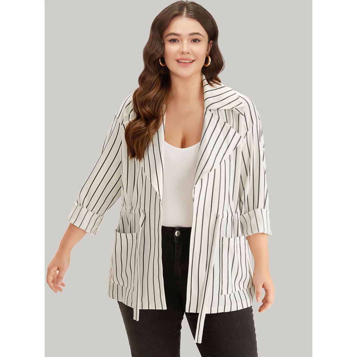 Plus Size Striped Suit Collar Drawstring Patched Pocket Coat Women White Casual Knotted Ladies Everyday Winter Coats BloomChic 14-16/1X Product Image