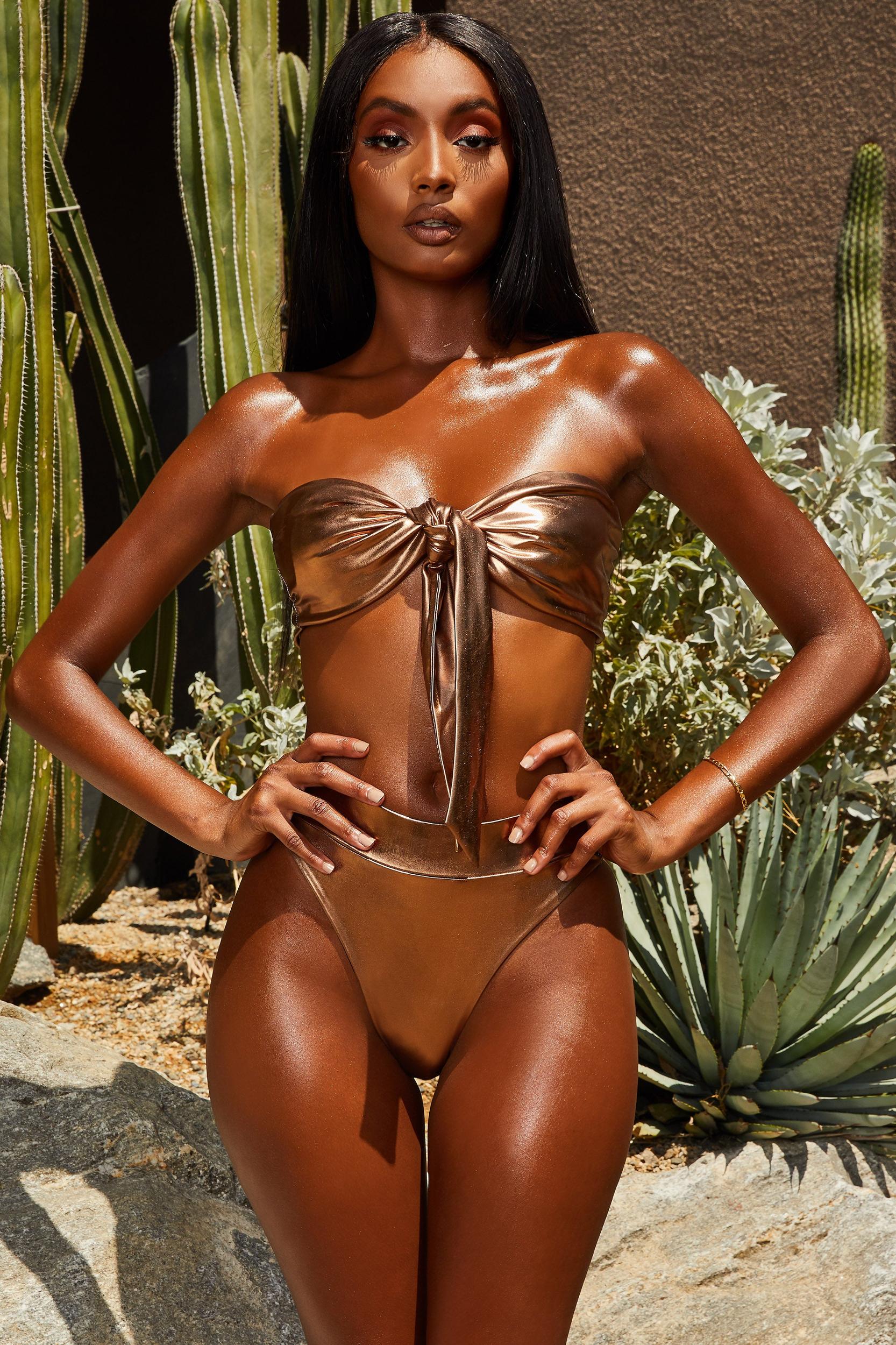 Metallic High Waisted Bikini Bottoms in Bronze Product Image