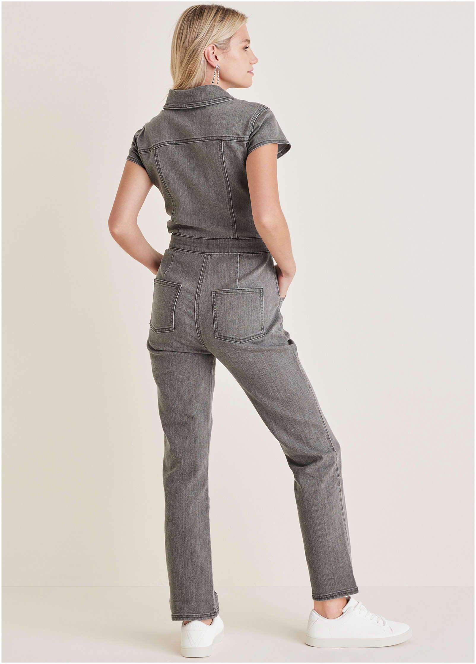 Cap Sleeve Denim Jumpsuit - Grey Wash Product Image