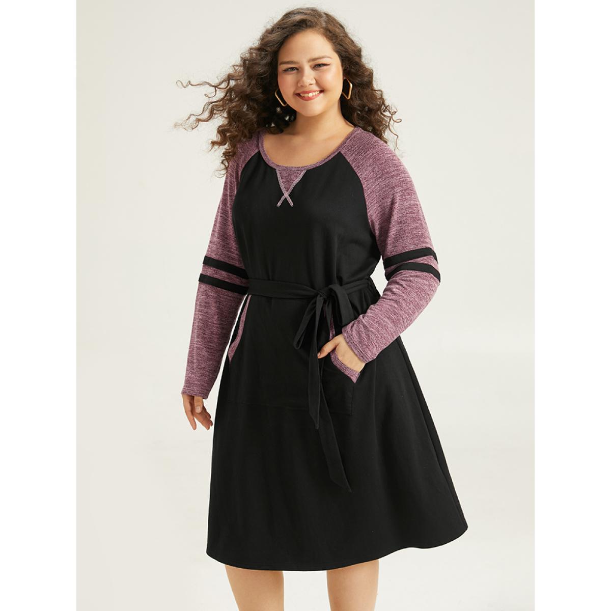 Plus Size Stitch Pocket Striped Patchwork Raglan Sleeve Belted Dress Black Women Casual Belted Round Neck Long Sleeve Curvy Midi Dress BloomChic 14-16/1X Product Image