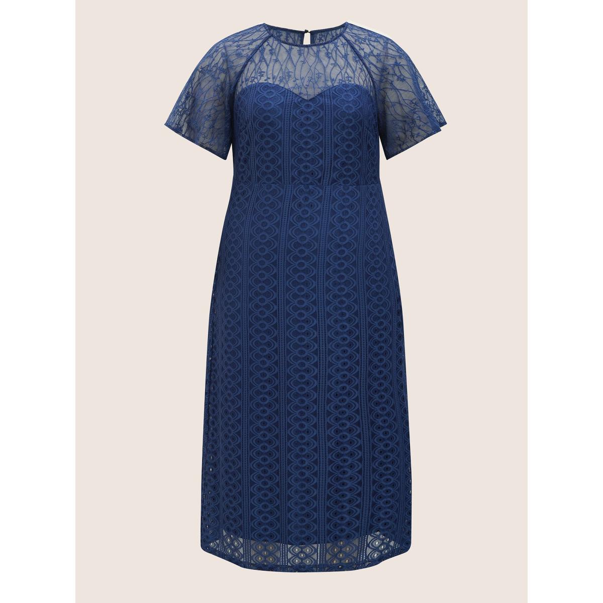 Plus Size Crochet Lace Mesh Raglan Sleeve Maxi Dress DarkBlue Women Formal Woven ribbon&lace trim Round Neck Short sleeve Curvy BloomChic 10/M Product Image