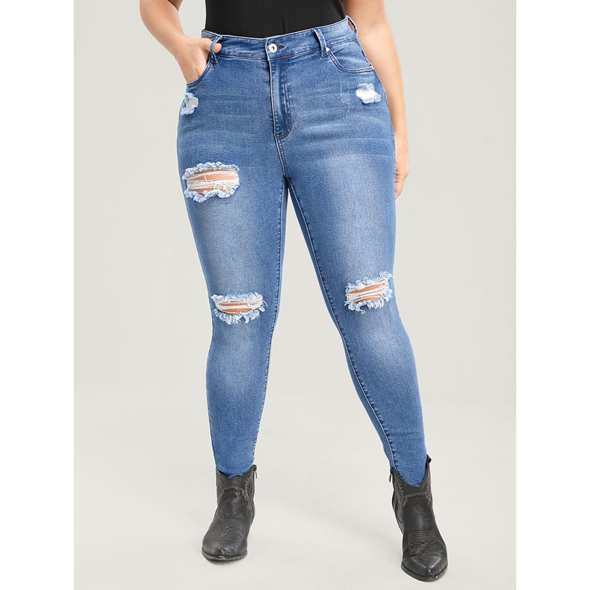 Plus Size Skinny Very Stretchy High Rise Asymmetrical Distressed Jeans Women Blue Casual Plain High stretch Pocket Jeans BloomChic 20/2X Product Image