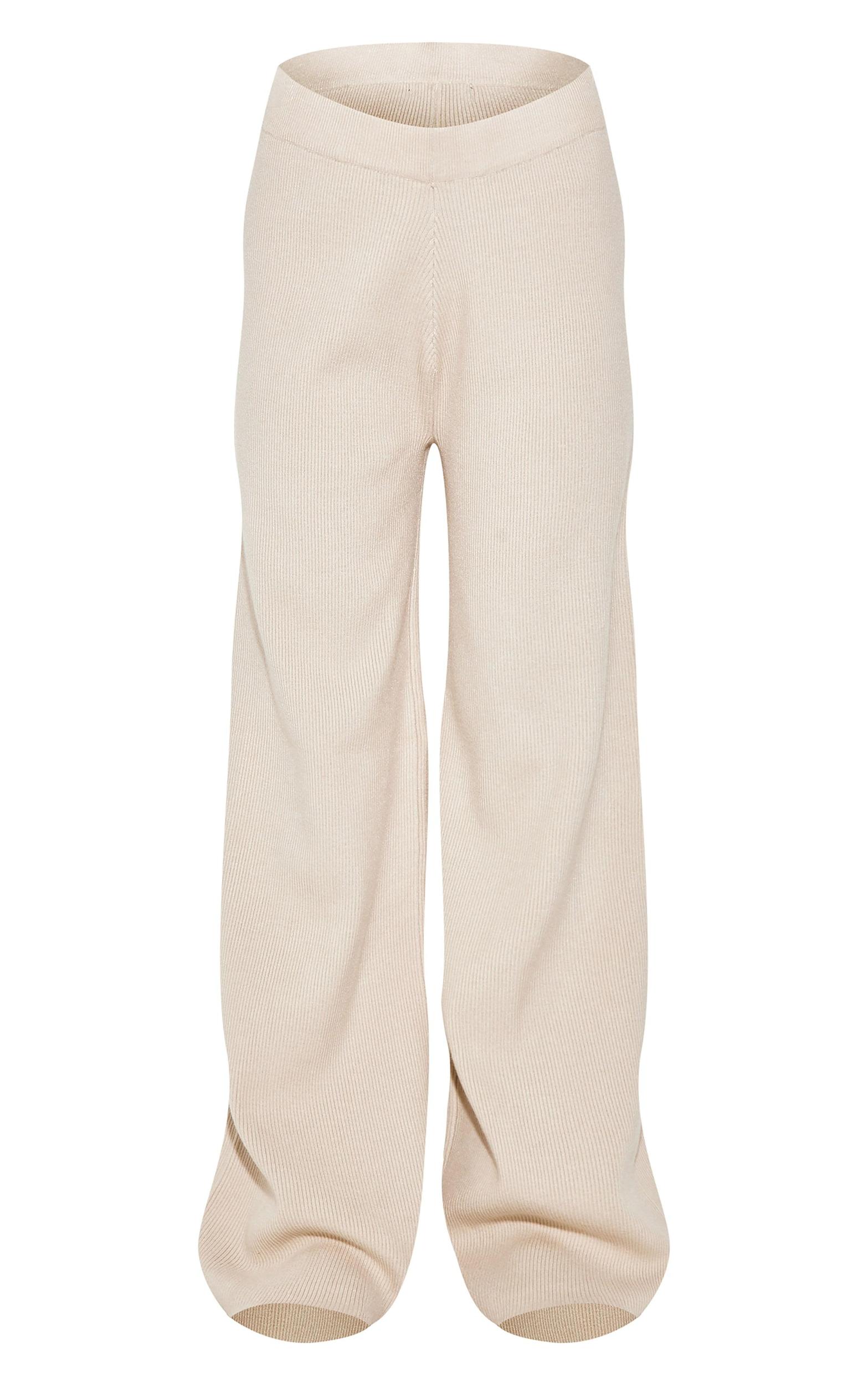 Oatmeal Light Rib Knit Wide Leg Pants Product Image