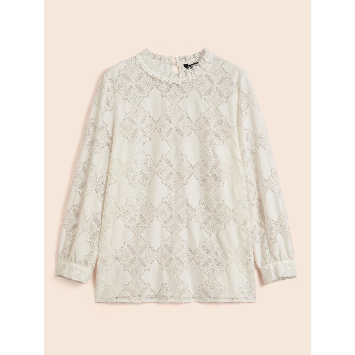Plus Size Ivory Lace Panel Mesh Stand Collar Blouse Women Elegant Long Sleeve Stand-up collar Everyday Blouses BloomChic 14-16/1X Product Image