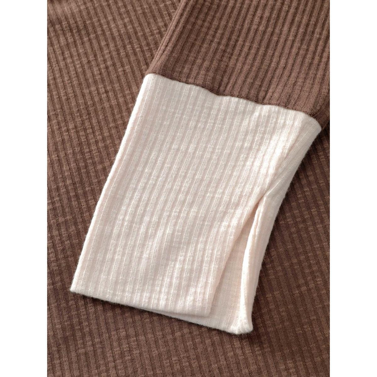 Plus Size Ribbed Button Color Contrast T-Shirt Browncoffeecolor Women Leisure Round Neck Bodycon Casual T-shirts BloomChic 10/M Product Image