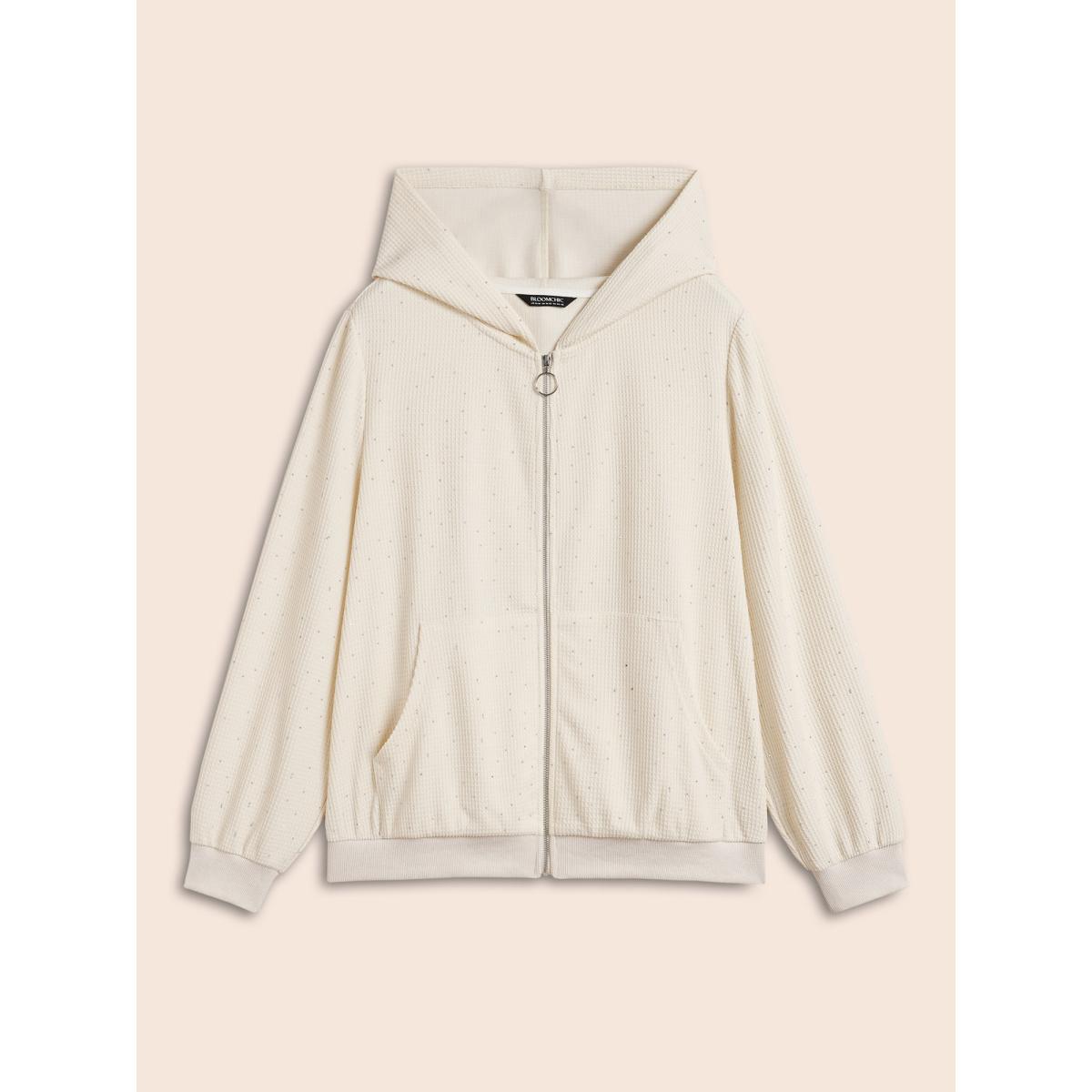 Plus Size Textured Rhinestone Hooded O Ring Zipper Sweatshirt Women Beige Casual Texture Hooded Everyday Sweatshirts BloomChic 18-20/2X Product Image