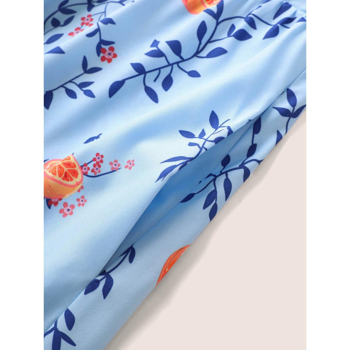 Plus Size Citrus Orange Print Ruched Ruffle Sleeve Dress LightBlue Women Elegant Gathered V-neck Short sleeve Curvy BloomChic 18-20/2X Product Image