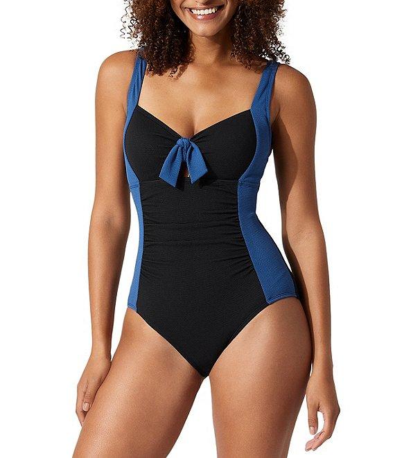 Tommy Bahama Island Cays Color Block Tie Front Tummy Control Tank One Piece Swimsuit Product Image