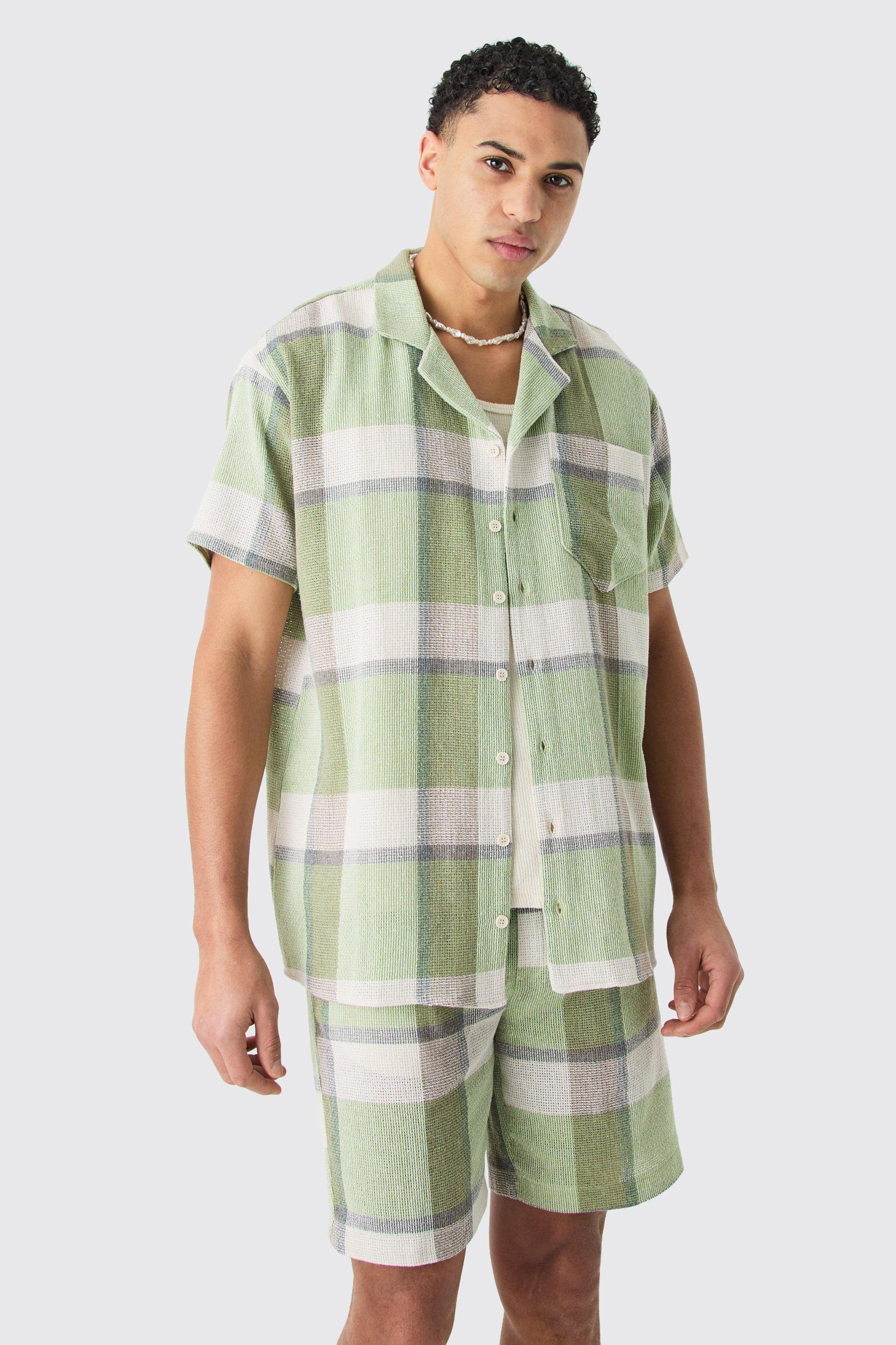 Oversized Textured Flannel Shirt And Short | boohooMAN USA Product Image