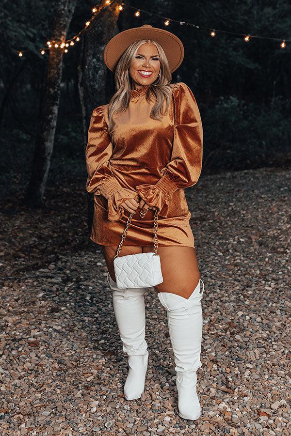 Fashionably Late Velvet Mini Dress In Camel Curves Product Image