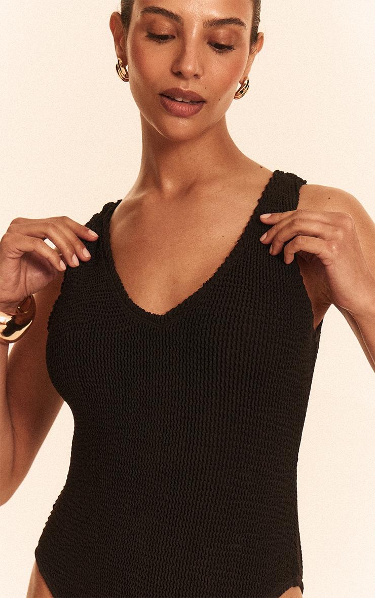 Petite Black Premium Crinkle Plunge Swimsuit Product Image
