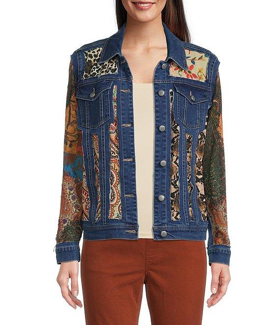 John Mark Point Collar Long Cuff Sleeve Cut-Out Multi Print Patch Denim Jacket Product Image