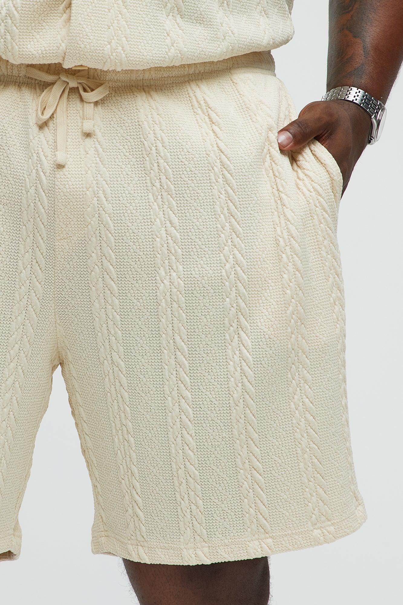 Textured Stripes Relaxed Drawstring Shorts - Cream Product Image
