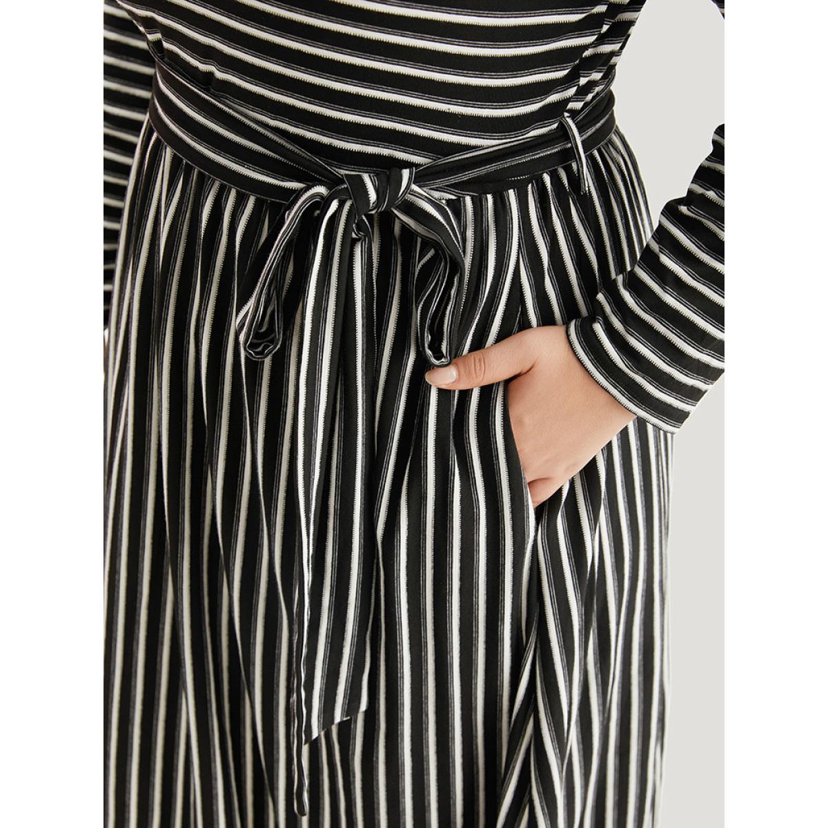 Plus Size Striped Round Neck Belted Dress Black Women Casual Belted Round Neck Long Sleeve Curvy Midi Dress BloomChic 26/4X Product Image