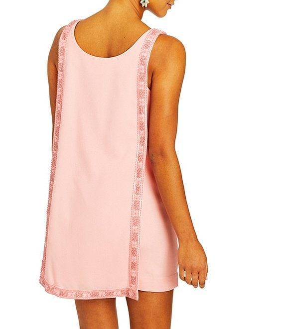 Mestiza New York Cielo Crepe Beaded Trim Round Neck Sleeveless Mini Dress Product Image