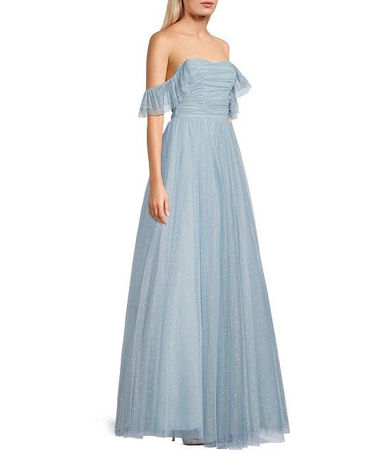 City Vibe Of-The-Shoulder Ruched Bodice Mesh Long Dress Product Image