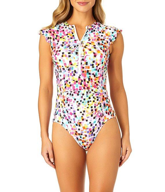Anne Cole Abstract Dot High Neck Zip Front One Piece Swimsuit Product Image