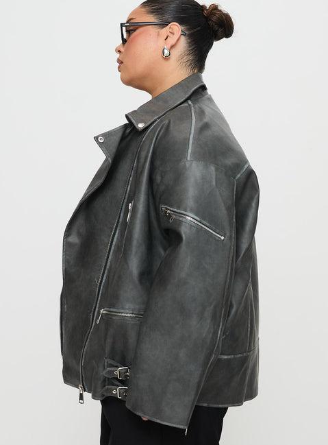 Magnets Faux Leather Jacket Washed Charcoal Curve Product Image