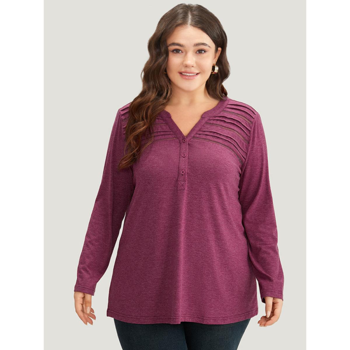 Plus Size Notched Pleated Button Up T-shirt RedViolet Women Casual Plain Plain Notched collar Dailywear T-shirts BloomChic 28/5X Product Image