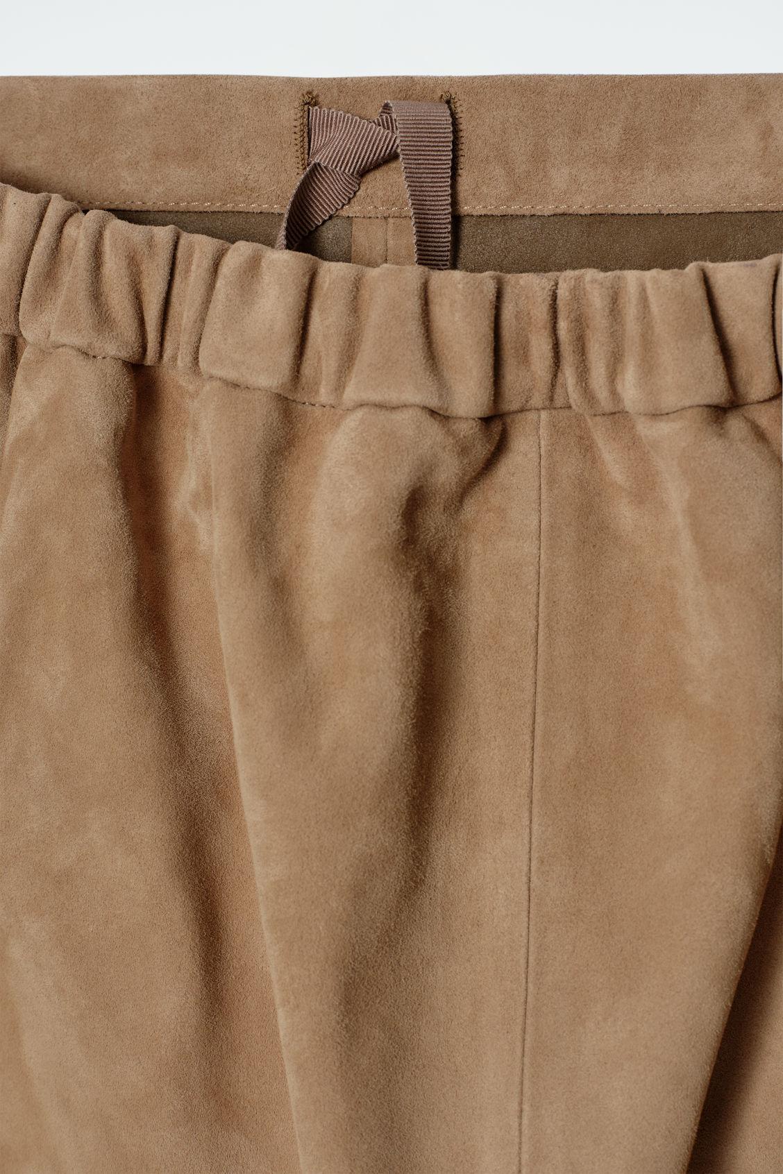 PANELED SUEDE DRAWSTRING MIDI SKIRT Product Image