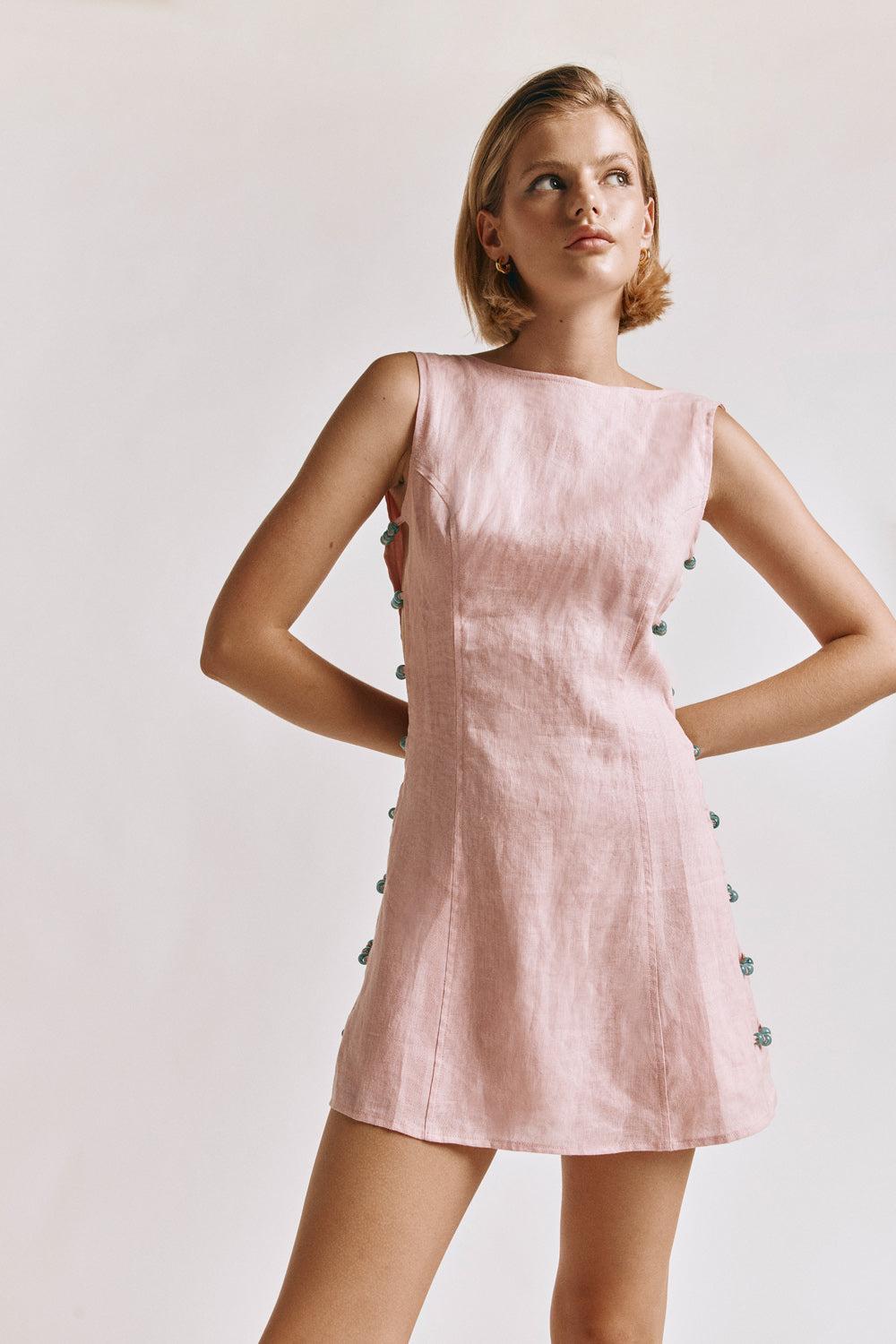 Tia Linen Mini Dress Blush Product Image