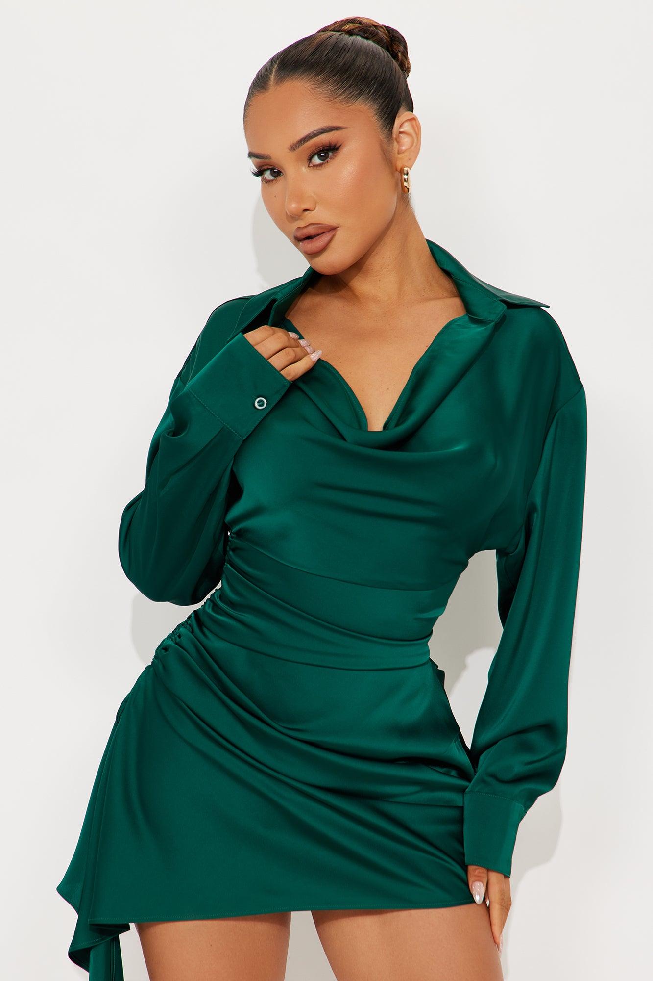 Sally Satin Shirt Mini Dress - Emerald Female Product Image
