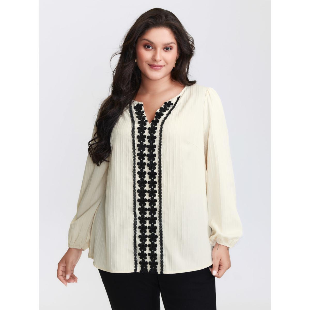 Plus Size Beige Lace Spliced Textured Lantern Sleeve Blouse Women Long Sleeve Notched collar Vacation Blouses BloomChic 18-20/2X Product Image